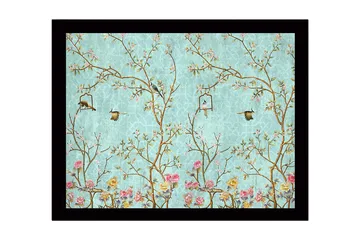 Innrammet lerret i tre - 41x56 cm - Fargerik komposisjon med fugler og blomster i et frodig miljø - Blå / Rosa / Grønn - Interiør - Maleri & posters - Lerretsbilder