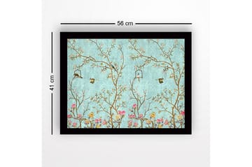 Innrammet lerret i tre - 41x56 cm - Fargerik komposisjon med fugler og blomster i et frodig miljø - Blå / Rosa / Grønn - Interiør - Maleri & posters - Lerretsbilder