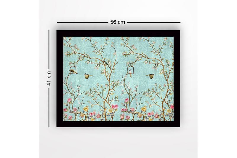 Innrammet lerret i tre - 41x56 cm - Fargerik komposisjon med fugler og blomster i et frodig miljø - Blå / Rosa / Grønn - Interiør - Maleri & posters - Lerretsbilder