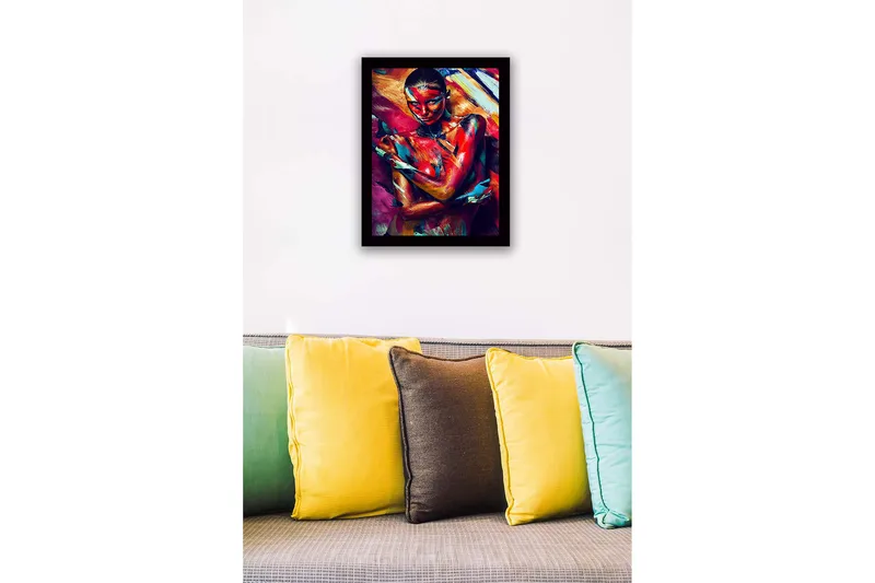 Innrammet lerret i tre - 41x56 cm - Fargerik kroppsmaling av en kvinne som uttrykker følelser gjennom bevegelse og farge - Rød / Blå / Gul - Interiør - Maleri & posters - Lerretsbilder