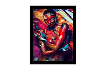 Innrammet lerret i tre - 41x56 cm - Fargerik kroppsmaling av en kvinne som uttrykker følelser gjennom bevegelse og farge - Rød / Blå / Gul - Interiør - Maleri & posters - Lerretsbilder