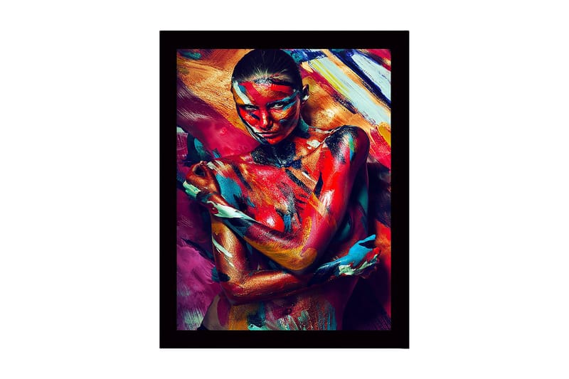 Innrammet lerret i tre - 41x56 cm - Fargerik kroppsmaling av en kvinne som uttrykker følelser gjennom bevegelse og farge, Rød / Blå / Gul