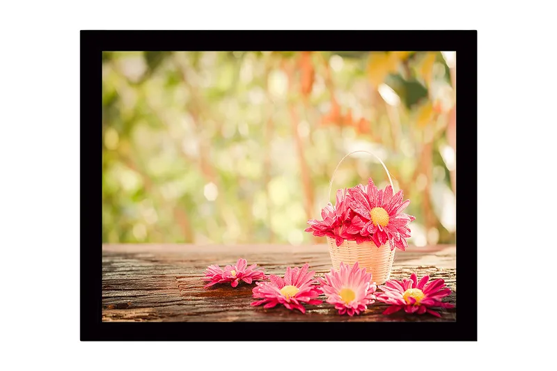 Innrammet lerret i tre - 41x56 cm - Fargerik kurv med blomster, Rosa / Gul / Grønn