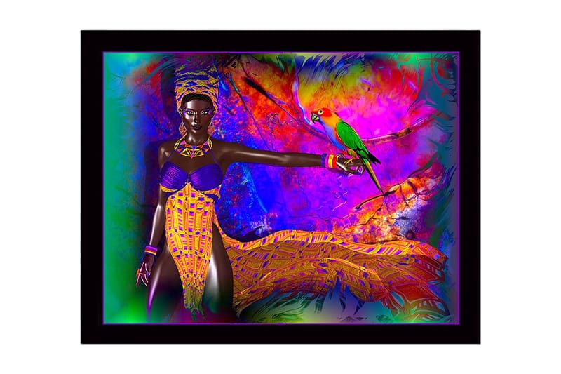Innrammet lerret i tre - 41x56 cm - Fargerik kvinne med papegøye i et levende miljø, Lilla / Gul / Grønn