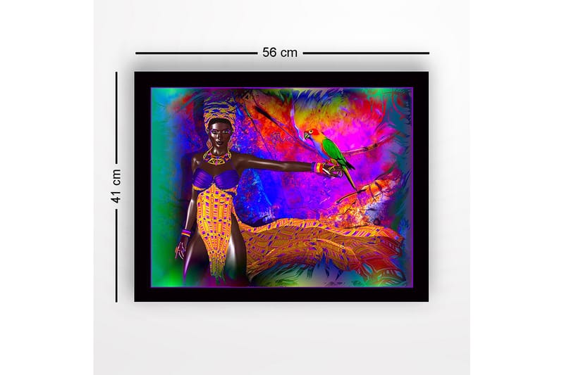 Innrammet lerret i tre - 41x56 cm - Fargerik kvinne med papegøye i et levende miljø - Lilla / Gul / Grønn - Interiør - Maleri & posters - Lerretsbilder