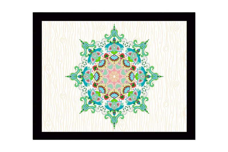 Innrammet lerret i tre - 41x56 cm - Fargerik mandala med intrikate mønstre, Grønn / Rosa / Blå