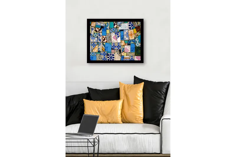 Innrammet lerret i tre - 41x56 cm - Fargerik mosaikk av keramiske fliser - Blå / Grønn / Oransje - Interiør - Maleri & posters - Lerretsbilder