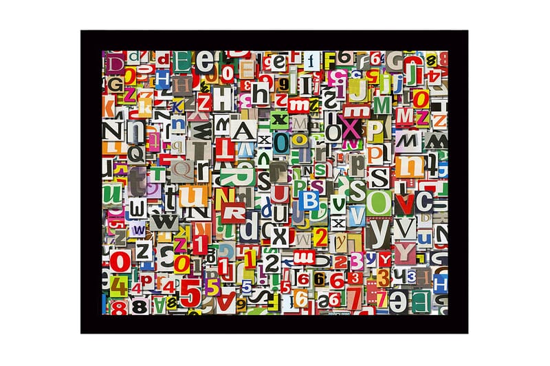 Innrammet lerret i tre - 41x56 cm - Fargerik samling av bokstaver og tall, Rød / Grønn / Gul