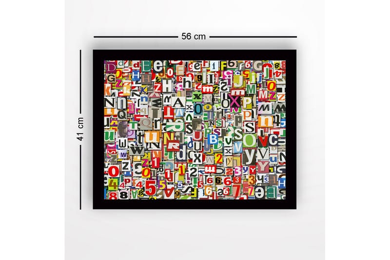 Innrammet lerret i tre - 41x56 cm - Fargerik samling av bokstaver og tall - Rød / Grønn / Gul - Interiør - Maleri & posters - Lerretsbilder