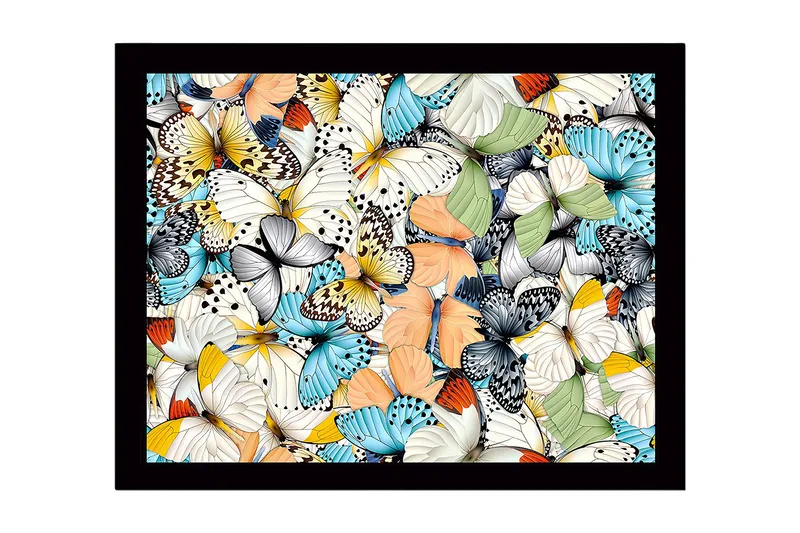 Innrammet lerret i tre - 41x56 cm - Fargerik samling av sommerfugler, Blå / Hvit / Oransje