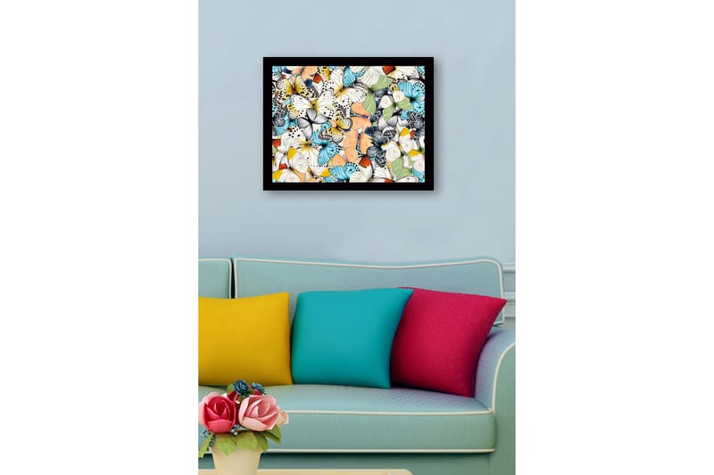 Innrammet lerret i tre - 41x56 cm - Fargerik samling av sommerfugler - Blå / Hvit / Oransje - Interiør - Maleri & posters - Lerretsbilder