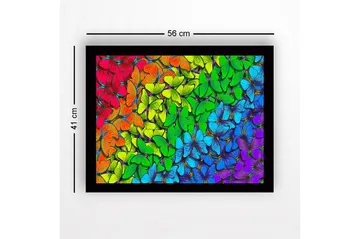 Innrammet lerret i tre - 41x56 cm - Fargerik samling av sommerfugler i forskjellige nyanser - Grønn / Blå / Rød - Interiør - Maleri & posters - Lerretsbilder