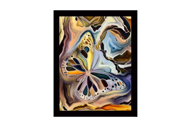 Innrammet lerret i tre - 41x56 cm - Fargerik sommerfugl i abstrakt komposisjon, Gull / Blå / Svart