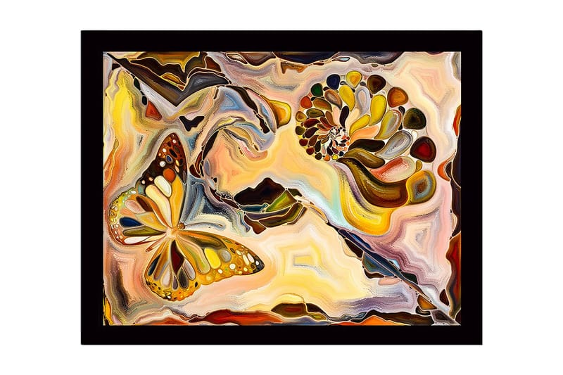 Innrammet lerret i tre - 41x56 cm - Fargerik sommerfugl i en abstrakt komposisjon med skjellformede elementer, Gull / Oransje / Brun