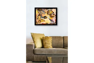 Innrammet lerret i tre - 41x56 cm - Fargerik sommerfugl i en abstrakt komposisjon med skjellformede elementer - Gull / Oransje / Brun - Interiør - Maleri & posters - Lerretsbilder