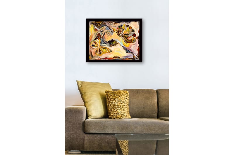 Innrammet lerret i tre - 41x56 cm - Fargerik sommerfugl i en abstrakt komposisjon med skjellformede elementer - Gull / Oransje / Brun - Interiør - Maleri & posters - Lerretsbilder