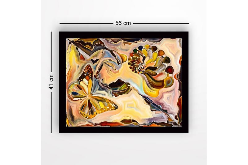 Innrammet lerret i tre - 41x56 cm - Fargerik sommerfugl i en abstrakt komposisjon med skjellformede elementer - Gull / Oransje / Brun - Interiør - Maleri & posters - Lerretsbilder