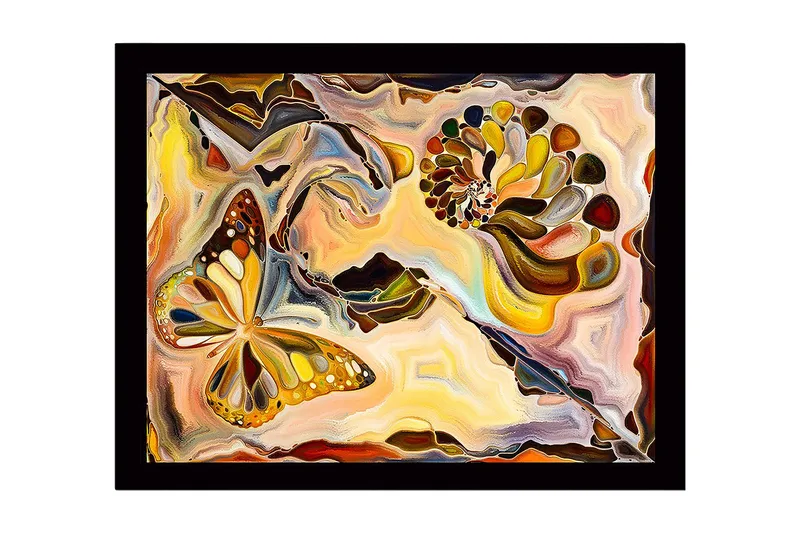 Innrammet lerret i tre - 41x56 cm - Fargerik sommerfugl i en abstrakt komposisjon med skjellformede elementer, Gull / Oransje / Brun