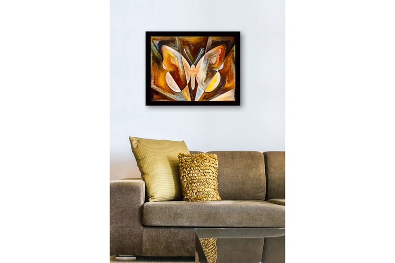 Innrammet lerret i tre - 41x56 cm - Fargerik sommerfugl med abstrakte former - Gull / Brun / Hvit - Interiør - Maleri & posters - Lerretsbilder