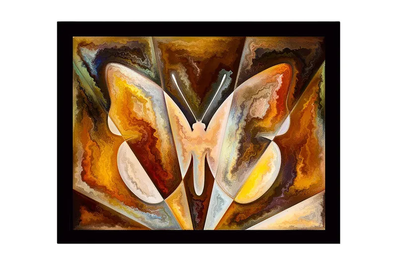 Innrammet lerret i tre - 41x56 cm - Fargerik sommerfugl med abstrakte former, Gull / Brun / Hvit