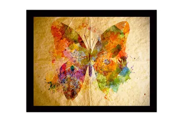 Innrammet lerret i tre - 41x56 cm - Fargerik sommerfugl med abstrakte mønstre - Oransje / Grønn / Lilla - Interiør - Maleri & posters - Lerretsbilder