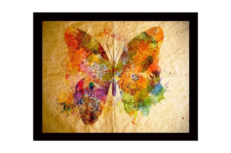 Innrammet lerret i tre - 41x56 cm - Fargerik sommerfugl med abstrakte mønstre, Oransje / Grønn / Lilla