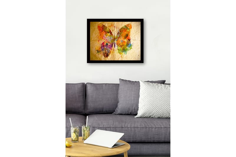 Innrammet lerret i tre - 41x56 cm - Fargerik sommerfugl med abstrakte mønstre - Oransje / Grønn / Lilla - Interiør - Maleri & posters - Lerretsbilder