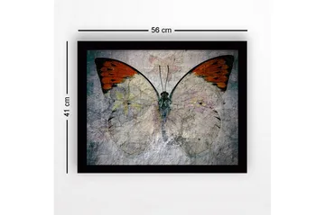 Innrammet lerret i tre - 41x56 cm - Fargerik sommerfugl med blomstermotiv - Oransje / Lys grå / Grønn - Interiør - Maleri & posters - Lerretsbilder