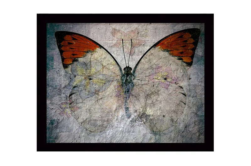 Innrammet lerret i tre - 41x56 cm - Fargerik sommerfugl med blomstermotiv, Oransje / Lys grå / Grønn