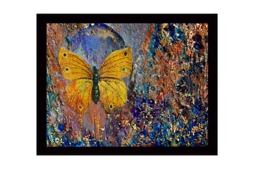 Innrammet lerret i tre - 41x56 cm - Fargerik sommerfugl med detaljert tekstur i bakgrunnen - Gull / Blå / Oransje - Interiør - Maleri & posters - Lerretsbilder