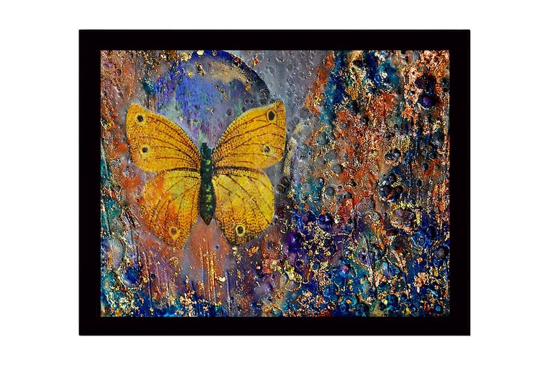 Innrammet lerret i tre - 41x56 cm - Fargerik sommerfugl med detaljert tekstur i bakgrunnen, Gull / Blå / Oransje