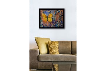Innrammet lerret i tre - 41x56 cm - Fargerik sommerfugl med detaljert tekstur i bakgrunnen - Gull / Blå / Oransje - Interiør - Maleri & posters - Lerretsbilder