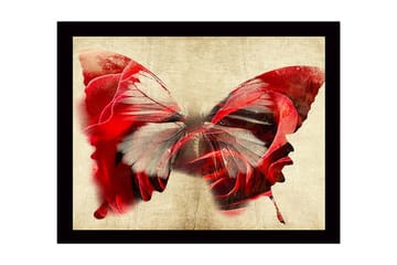 Innrammet lerret i tre - 41x56 cm - Fargerik sommerfugl med elementer av ansikter - Rød / Grå / Beige - Interiør - Maleri & posters - Lerretsbilder