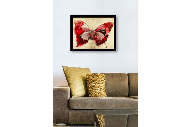 Innrammet lerret i tre - 41x56 cm - Fargerik sommerfugl med elementer av ansikter - Rød / Grå / Beige - Interiør - Maleri & posters - Lerretsbilder