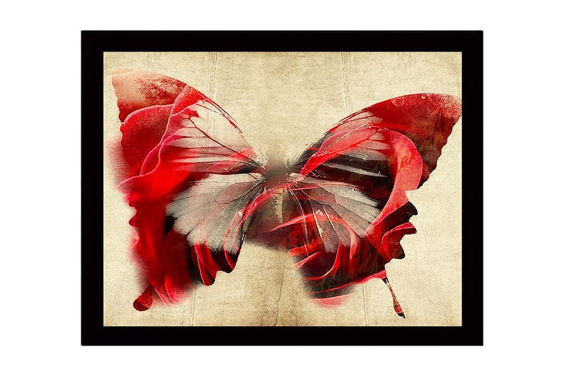 Innrammet lerret i tre - 41x56 cm - Fargerik sommerfugl med elementer av ansikter, Rød / Grå / Beige