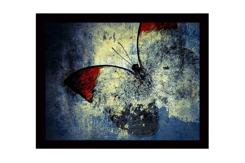 Innrammet lerret i tre - 41x56 cm - Fargerik sommerfugl med røde vinger, Rød / Blå / Gul