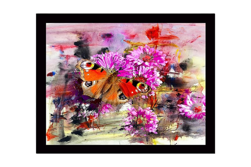 Innrammet lerret i tre - 41x56 cm - Fargerik sommerfugl omgitt av blomster, Rosa / Oransje / Grønn