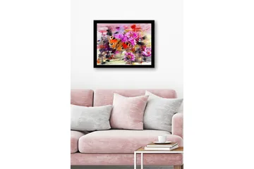 Innrammet lerret i tre - 41x56 cm - Fargerik sommerfugl omgitt av blomster - Rosa / Oransje / Grønn - Interiør - Maleri & posters - Lerretsbilder