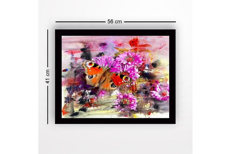 Innrammet lerret i tre - 41x56 cm - Fargerik sommerfugl omgitt av blomster - Rosa / Oransje / Grønn - Interiør - Maleri & posters - Lerretsbilder