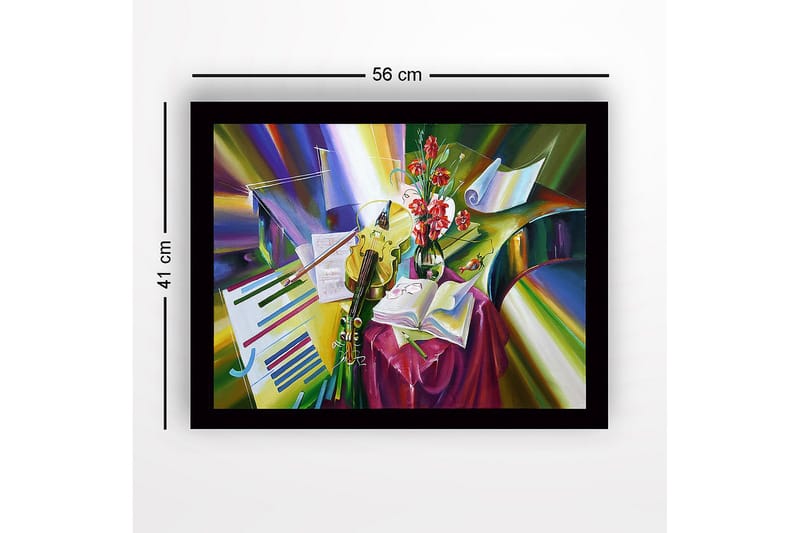Innrammet lerret i tre - 41x56 cm - Fargerik stillhet med instrumenter og blomster - Grønn / Rød / Gul - Interiør - Maleri & posters - Lerretsbilder