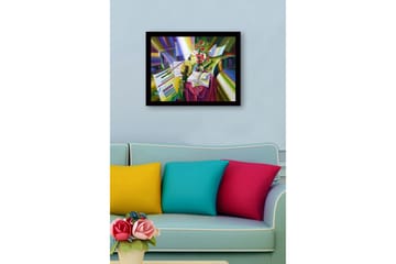 Innrammet lerret i tre - 41x56 cm - Fargerik stillhet med instrumenter og blomster - Grønn / Rød / Gul - Interiør - Maleri & posters - Lerretsbilder