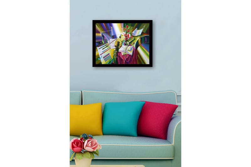 Innrammet lerret i tre - 41x56 cm - Fargerik stillhet med instrumenter og blomster - Grønn / Rød / Gul - Interiør - Maleri & posters - Lerretsbilder