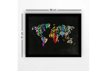 Innrammet lerret i tre - 41x56 cm - Fargerik verdenskart laget av bokstaver og tekst - Lilla / Grønn / Rød - Interiør - Maleri & posters - Lerretsbilder