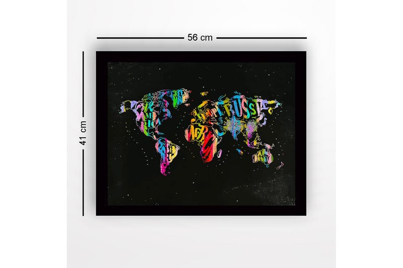 Innrammet lerret i tre - 41x56 cm - Fargerik verdenskart laget av bokstaver og tekst - Lilla / Grønn / Rød - Interiør - Maleri & posters - Lerretsbilder