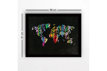 Innrammet lerret i tre - 41x56 cm - Fargerik verdenskart laget av bokstaver og tekst - Lilla / Grønn / Rød - Interiør - Maleri & posters - Lerretsbilder