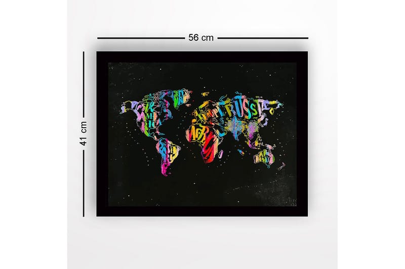 Innrammet lerret i tre - 41x56 cm - Fargerik verdenskart laget av bokstaver og tekst - Lilla / Grønn / Rød - Interiør - Maleri & posters - Lerretsbilder