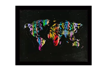 Innrammet lerret i tre - 41x56 cm - Fargerik verdenskart laget av bokstaver og tekst - Lilla / Grønn / Rød - Interiør - Maleri & posters - Lerretsbilder