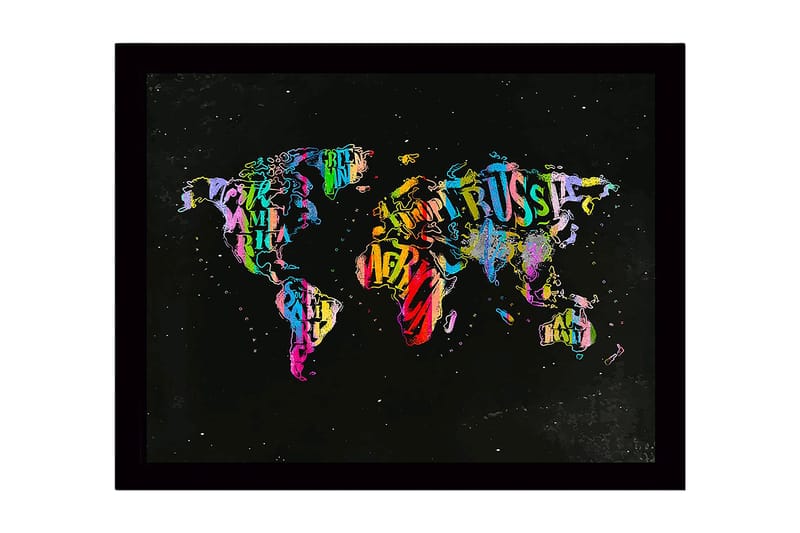 Innrammet lerret i tre - 41x56 cm - Fargerik verdenskart laget av bokstaver og tekst, Lilla / Grønn / Rød