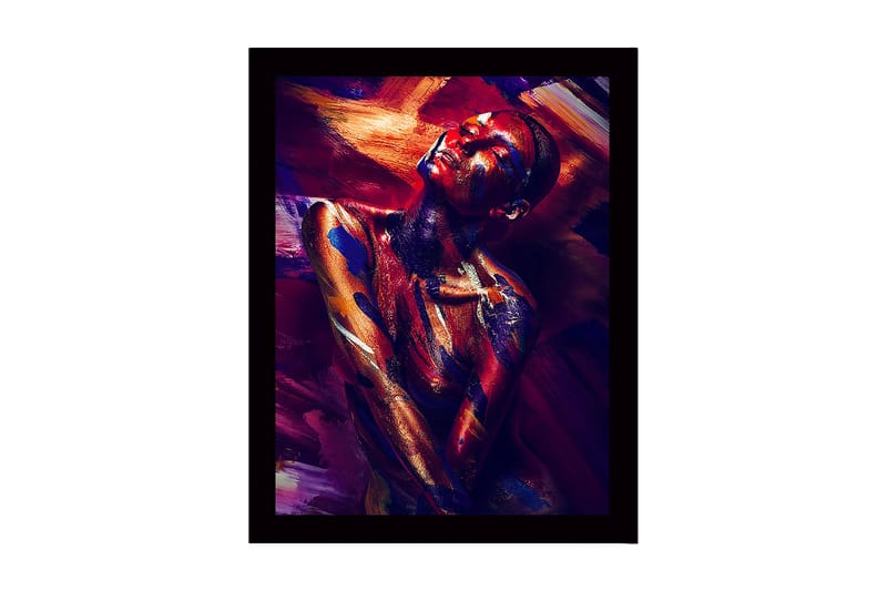 Innrammet lerret i tre - 41x56 cm - Fargerik portrett av en nakenmodell med abstrakt kroppsmaling, Mørk rød / Blå / Gull
