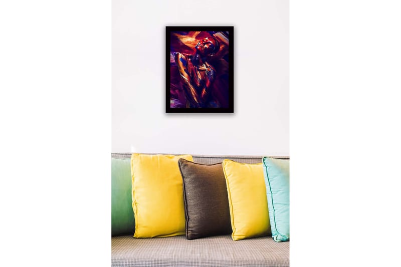 Innrammet lerret i tre - 41x56 cm - Fargerik portrett av en nakenmodell med abstrakt kroppsmaling - Mørk rød / Blå / Gull - Interiør - Maleri & posters - Lerretsbilder